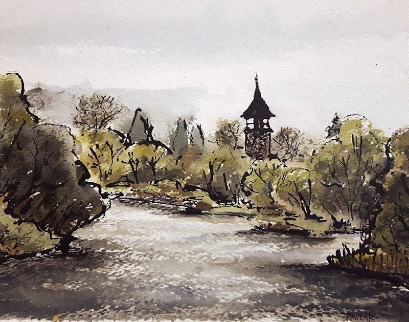 Ralf Wall (Raflar) "Pioneer Tower by the Grand", watercolour on paper